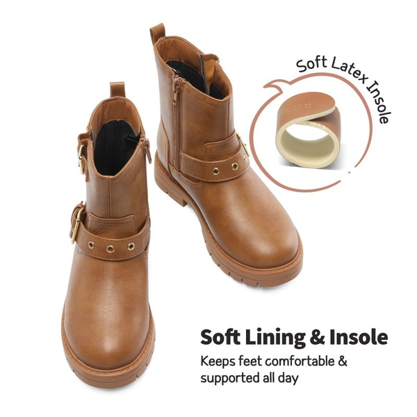 Girls Water-Resistant Zipper Ankle Boots - CAMEL - 2